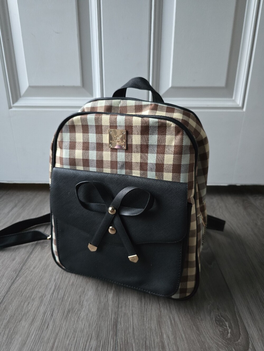 Maccinelo Plaid Check Convertible Backpack Purse Bow Crossbody Tan Brown Bag